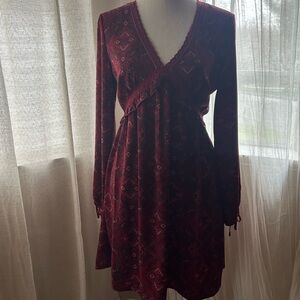 Maurices Burgundy Long-Sleeve V-Neck Tunic Dress with bandana print